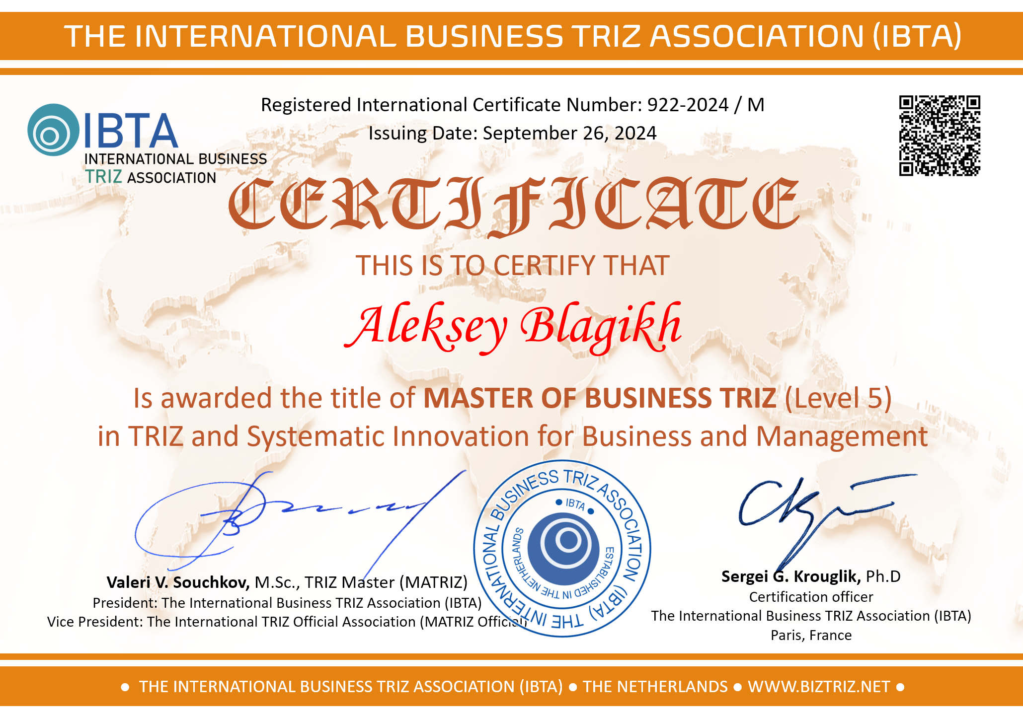 PowerPoint Slide Show IBTA Certificate 922 EN Aleksei Blagikh Level 5pptx 27 09 2024 18 52 47